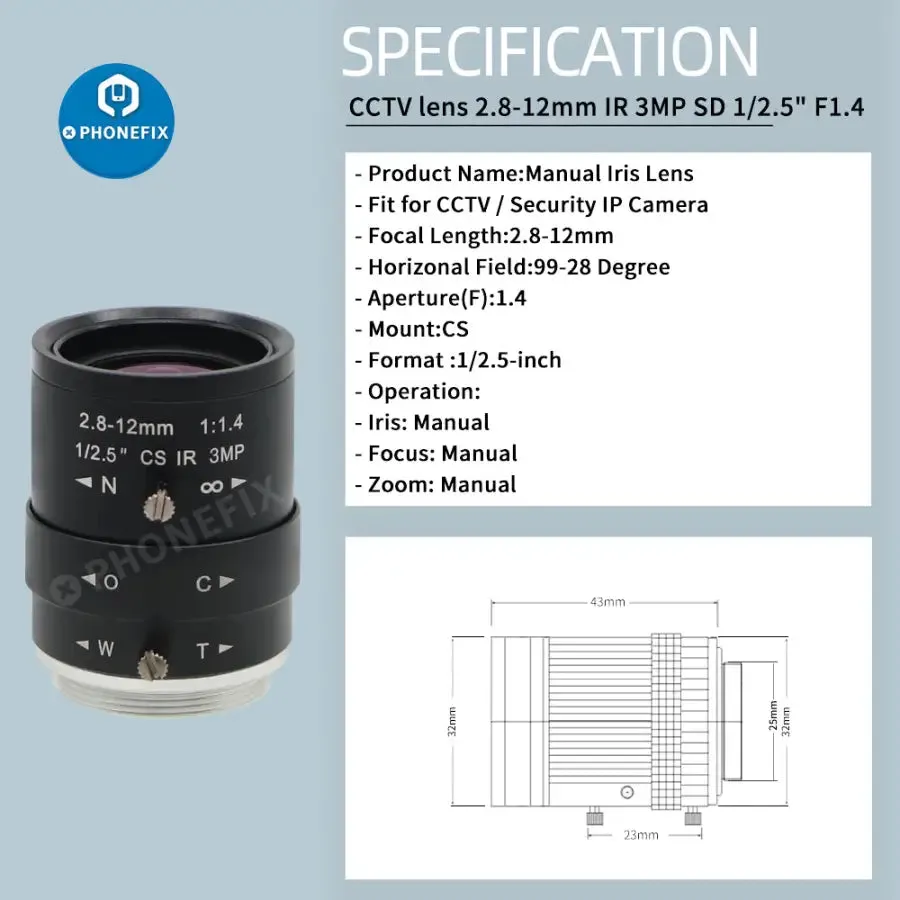 2.0MP CMOS Industry Camera 2.8-12mm F1.4 Lens For CCTV Surveillance