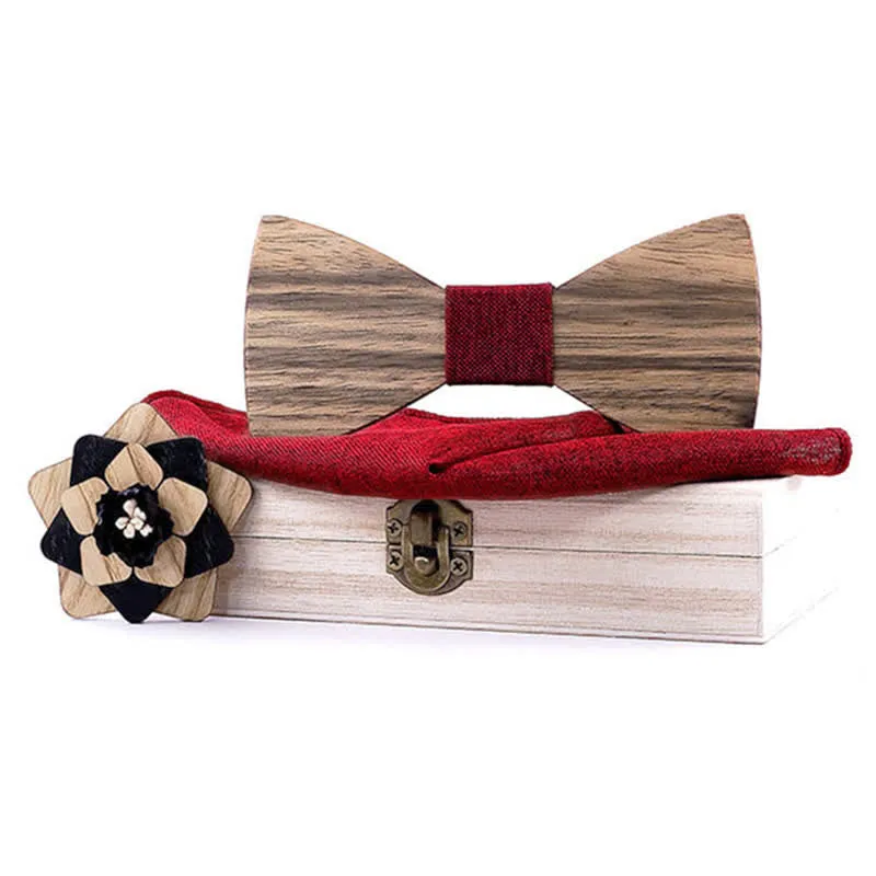 3Pcs Men's Lapel Flower Pin Walnut Wooden Bow Tie Set