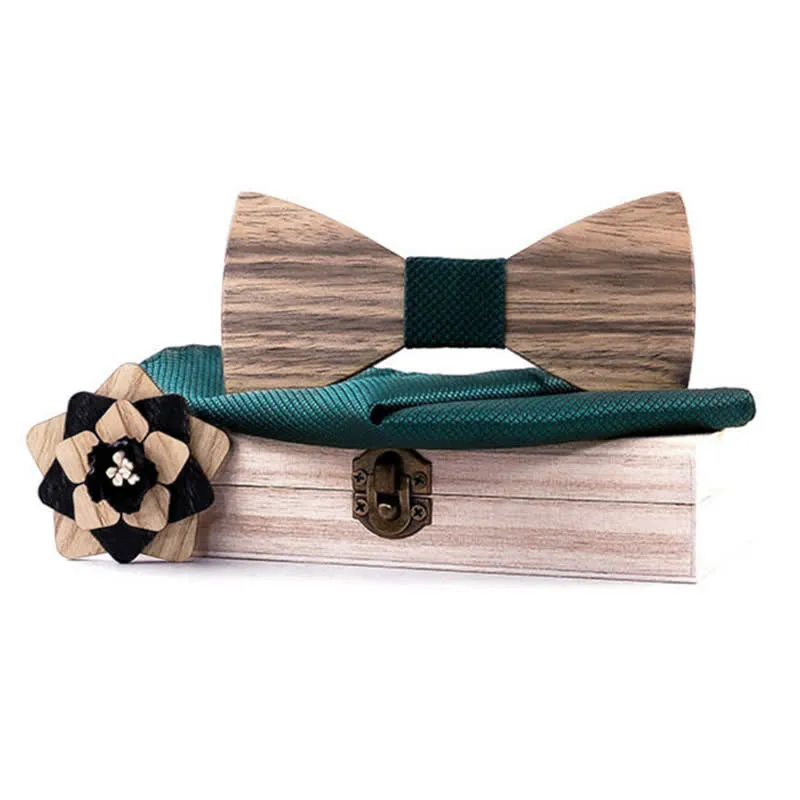 3Pcs Men's Lapel Flower Pin Walnut Wooden Bow Tie Set