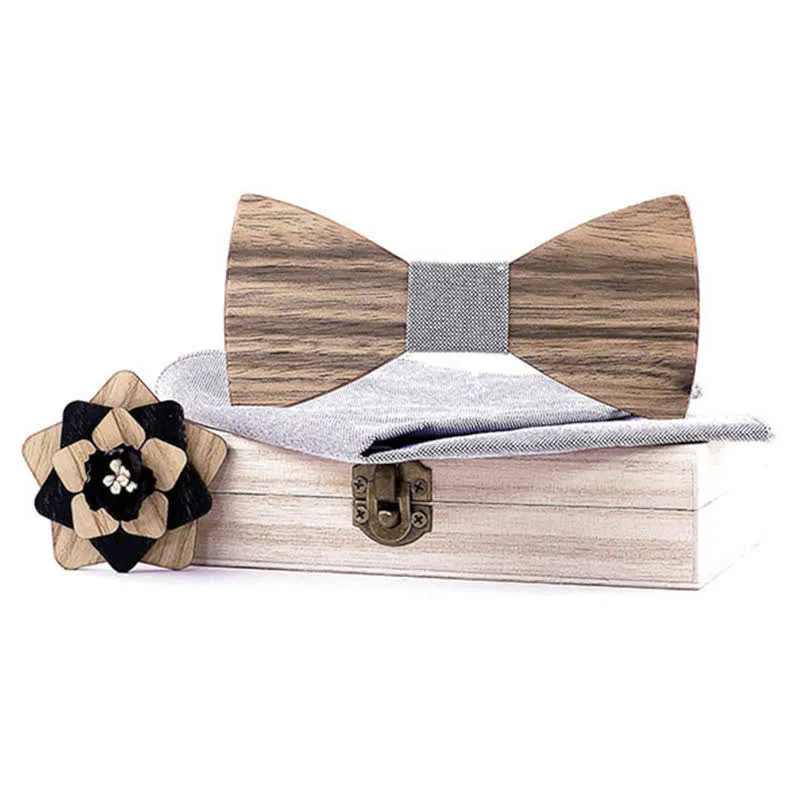 3Pcs Men's Lapel Flower Pin Walnut Wooden Bow Tie Set