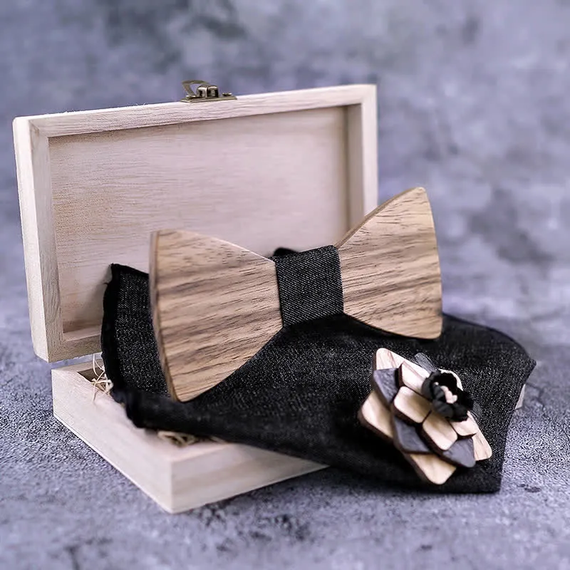 3Pcs Men's Lapel Flower Pin Walnut Wooden Bow Tie Set