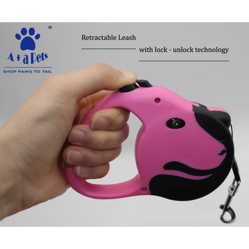 A Plus A Pets Tangle Free, Anti Slip Dog Face Retractable Leash for Dogs and Cats (Pink)