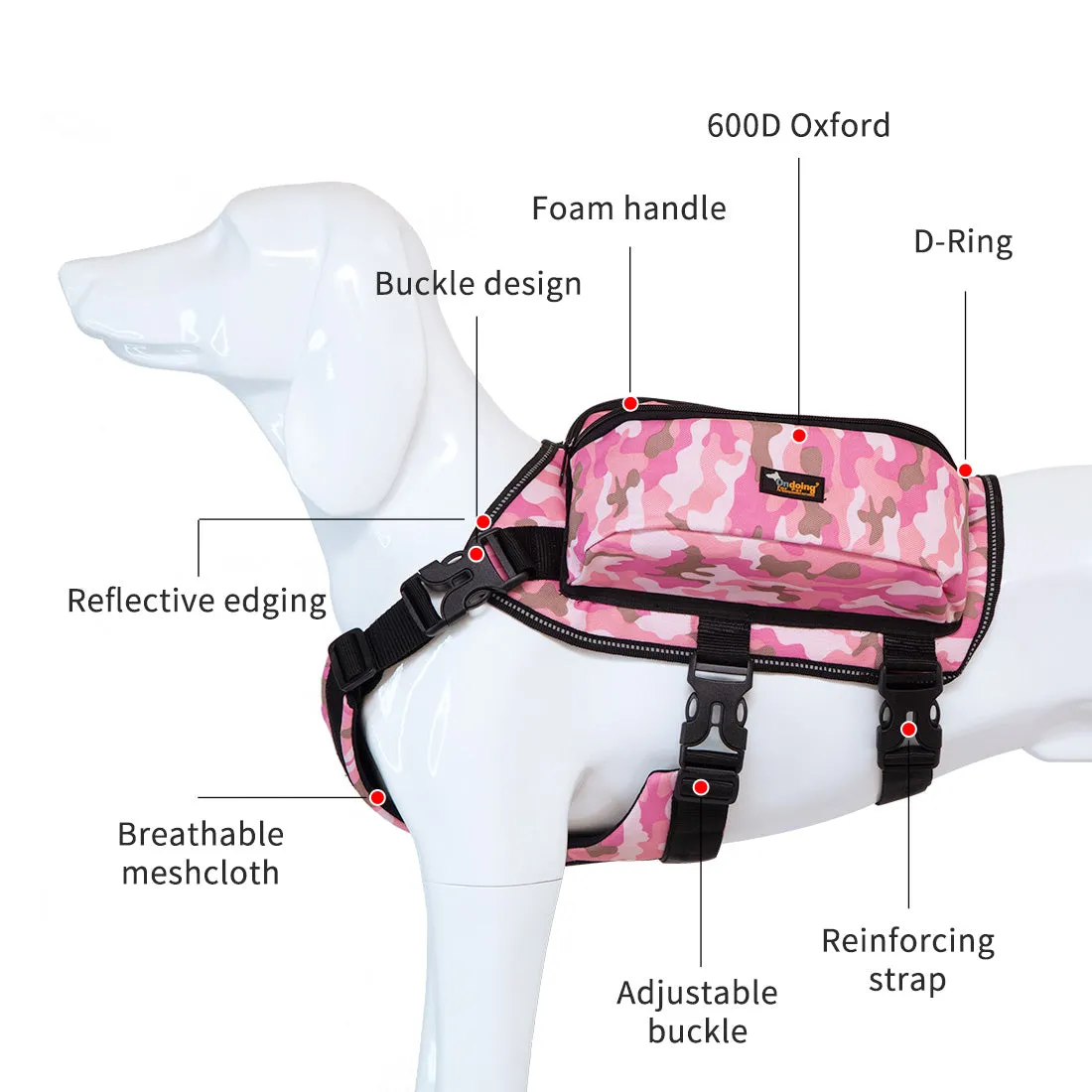 Dog Backpack Harness Pet Carrier Saddle Bag Reflective Adjustable Outdoor Hiking-L-Camo Pink