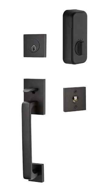 Emtek Single Cylinder Baden Handleset EMPowered Motorized Smart Lock Upgrade With Select L-Square White Marble Lever