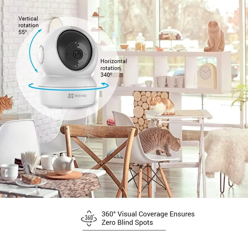 EZVIZ H6c Full HD Indoor Smart Home Security PTZ Camera Tracking 2MP Smart Night Vision, Auto Motion Tracking WiFi, Supports MicroSD Card -White