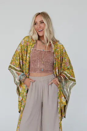 Flower Daze Front Tie Kimono - Mustard