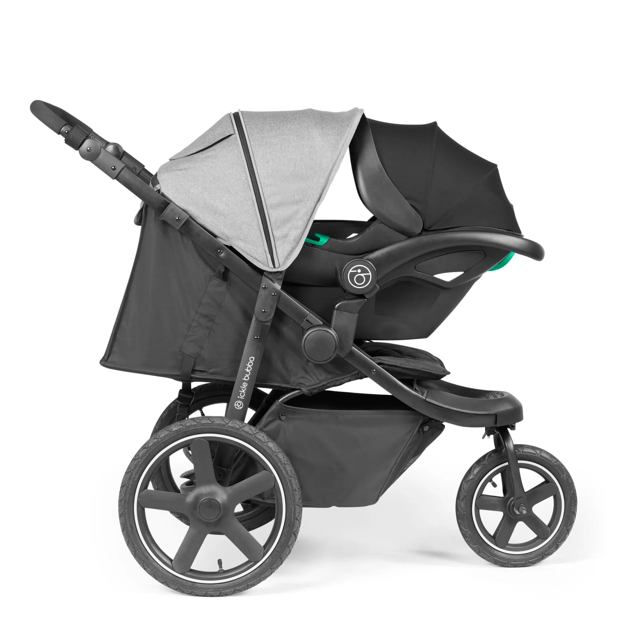 Ickle bubba Venus Max Jogger Travel System with i-Size Car Seat & ISOFIX Base - Space Grey on Black