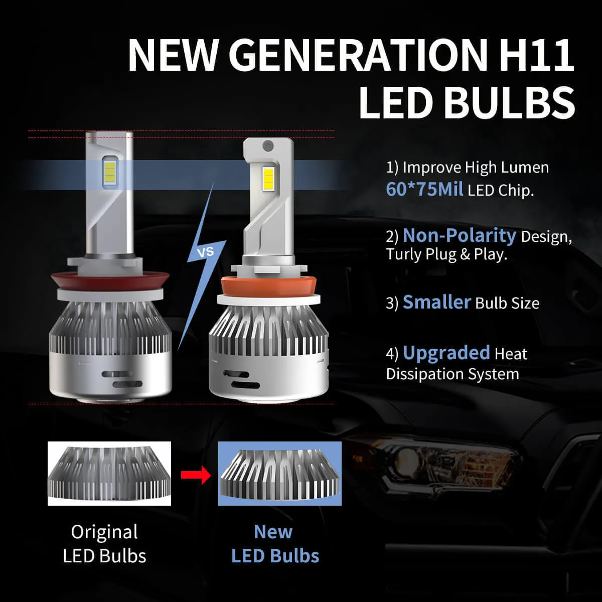 Lasfit LA Plus Series H11 H9 H8 LED Bulb 60W 6000LM 6000K Amplified Flux Beam | 2 Bulbs