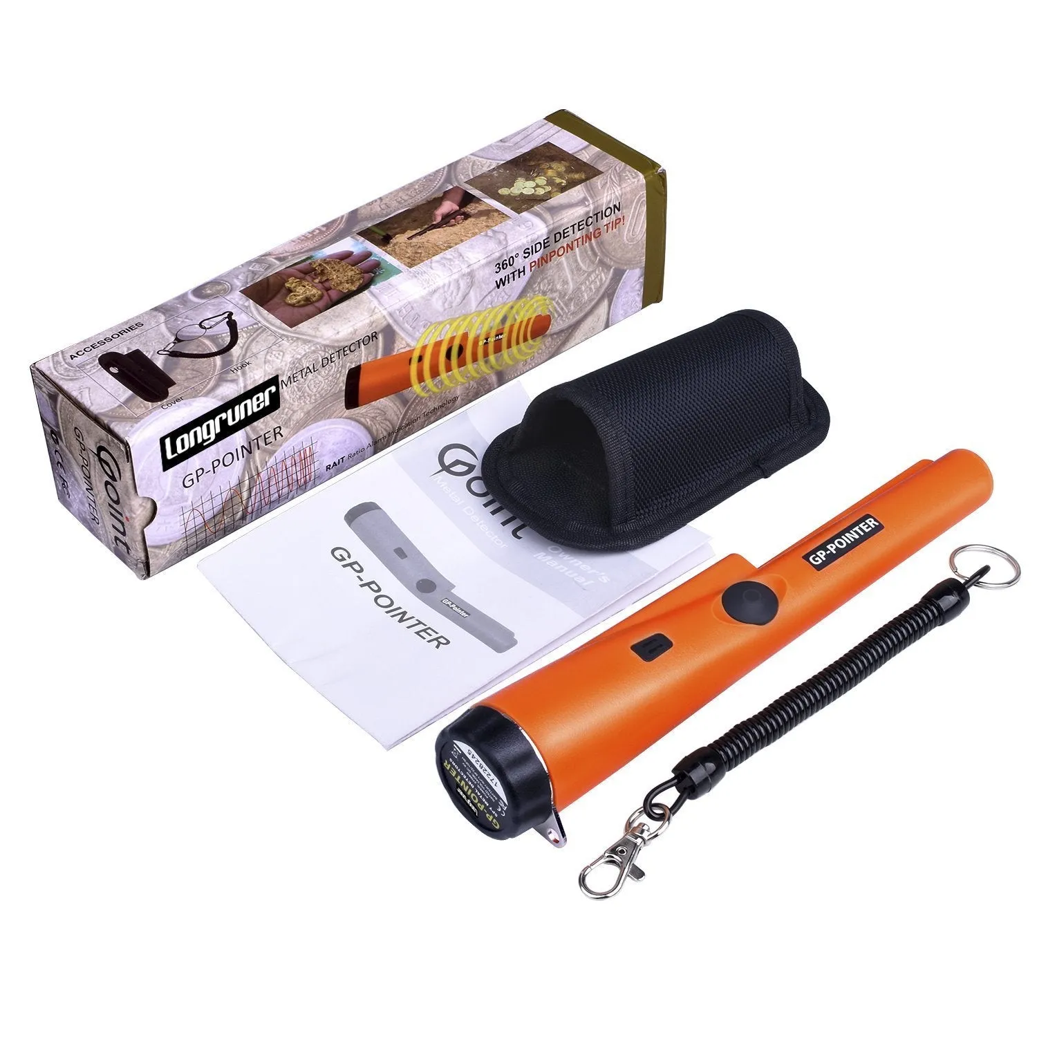 Longruner Metal Detector GP-POINTER Pin Pointer Probe Waterproof HandHeld Pinpointer with Holster Treasure Hunting Unearthing Tool Accessories Buzzer Vibration Automatic Tuning