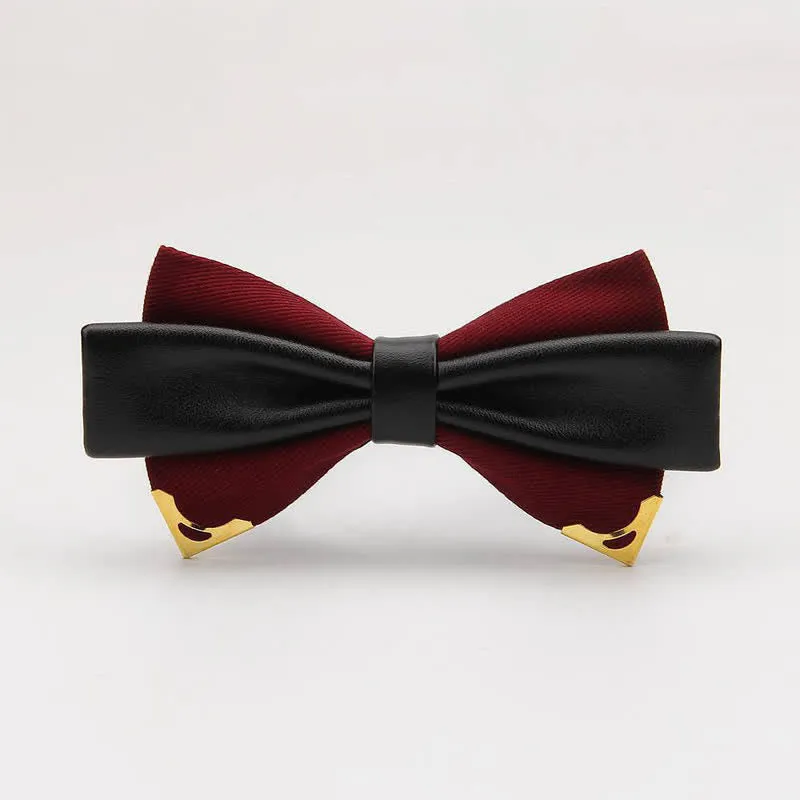 Men's Double Leather Golden Metal Edge Bow Tie