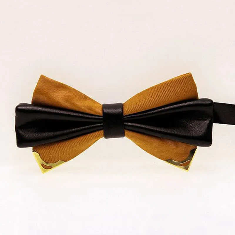 Men's Double Leather Golden Metal Edge Bow Tie