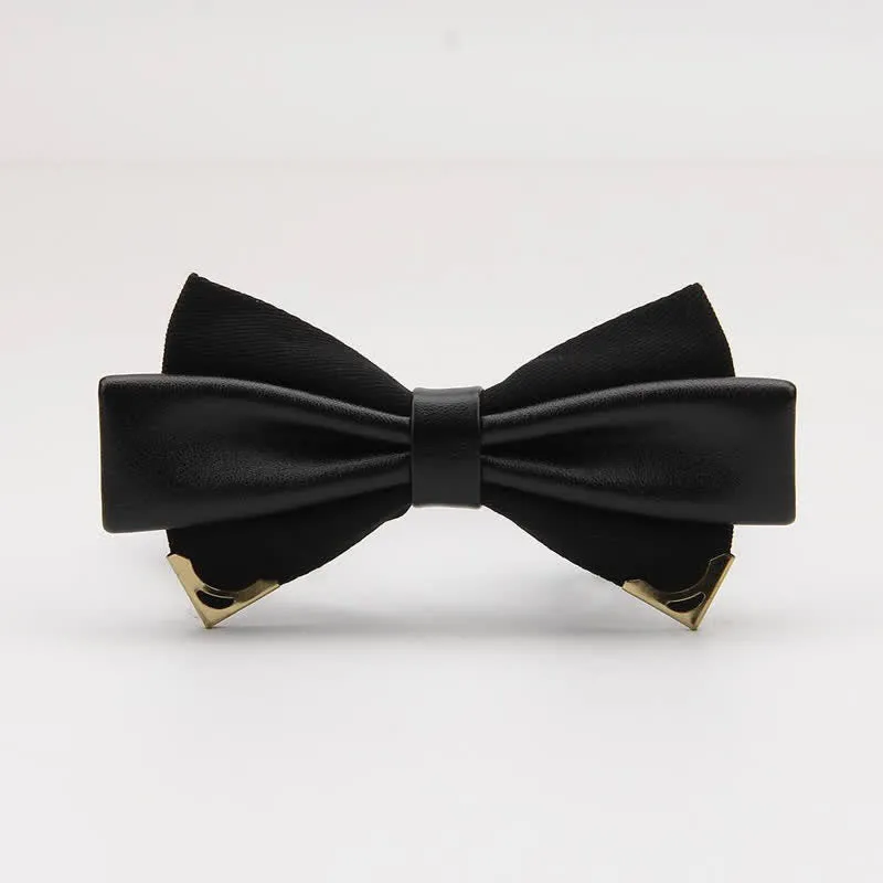 Men's Double Leather Golden Metal Edge Bow Tie