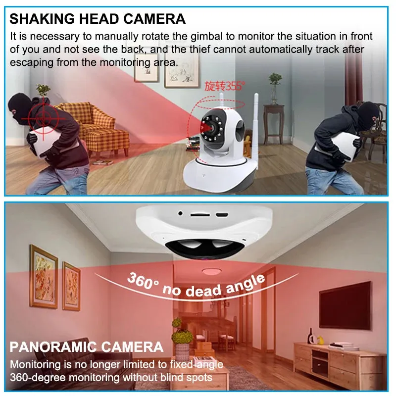 Panoramic Fisheye IP Cameras with Night Vision, CCTV Surveillance Cameras, 360 Degree, WiFi, 1080P