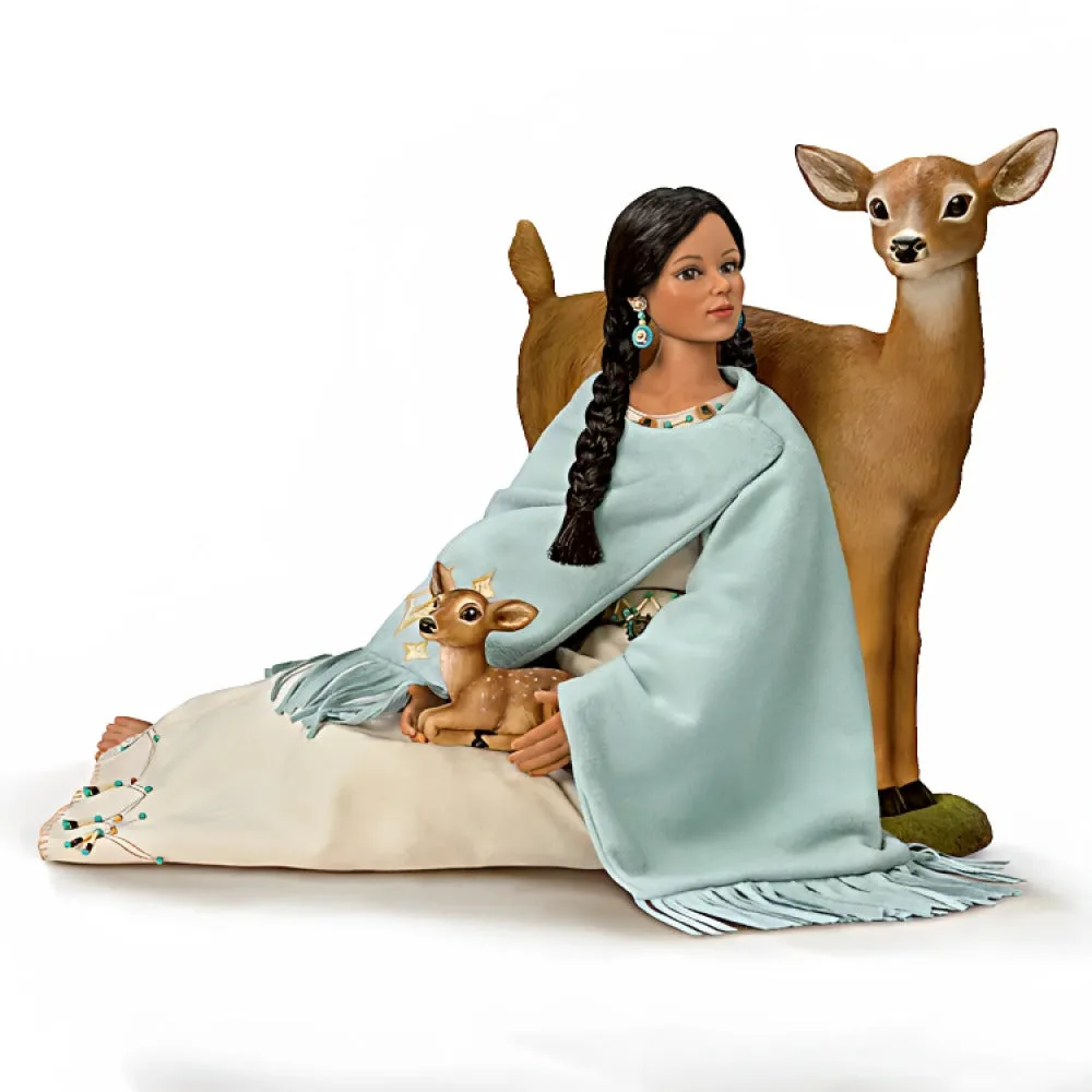 The Ashton-Drake Galleries Dyani Deer Maiden of The Morning Star Native American Poseable Portrait Doll with Deer Figures and Hand Sewn Beaded Illuminated LED Shawl 21"-Inches