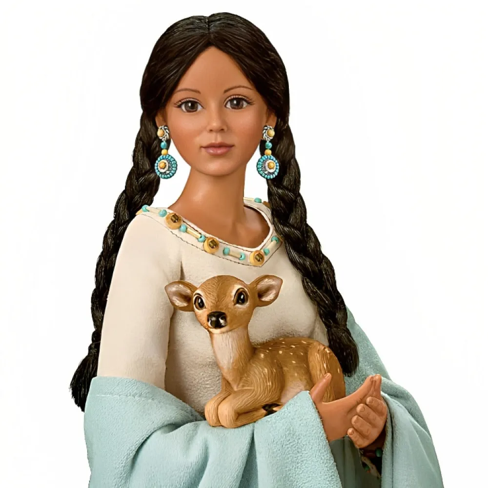 The Ashton-Drake Galleries Dyani Deer Maiden of The Morning Star Native American Poseable Portrait Doll with Deer Figures and Hand Sewn Beaded Illuminated LED Shawl 21"-Inches