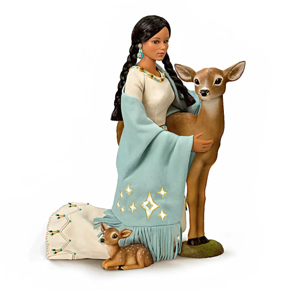 The Ashton-Drake Galleries Dyani Deer Maiden of The Morning Star Native American Poseable Portrait Doll with Deer Figures and Hand Sewn Beaded Illuminated LED Shawl 21"-Inches