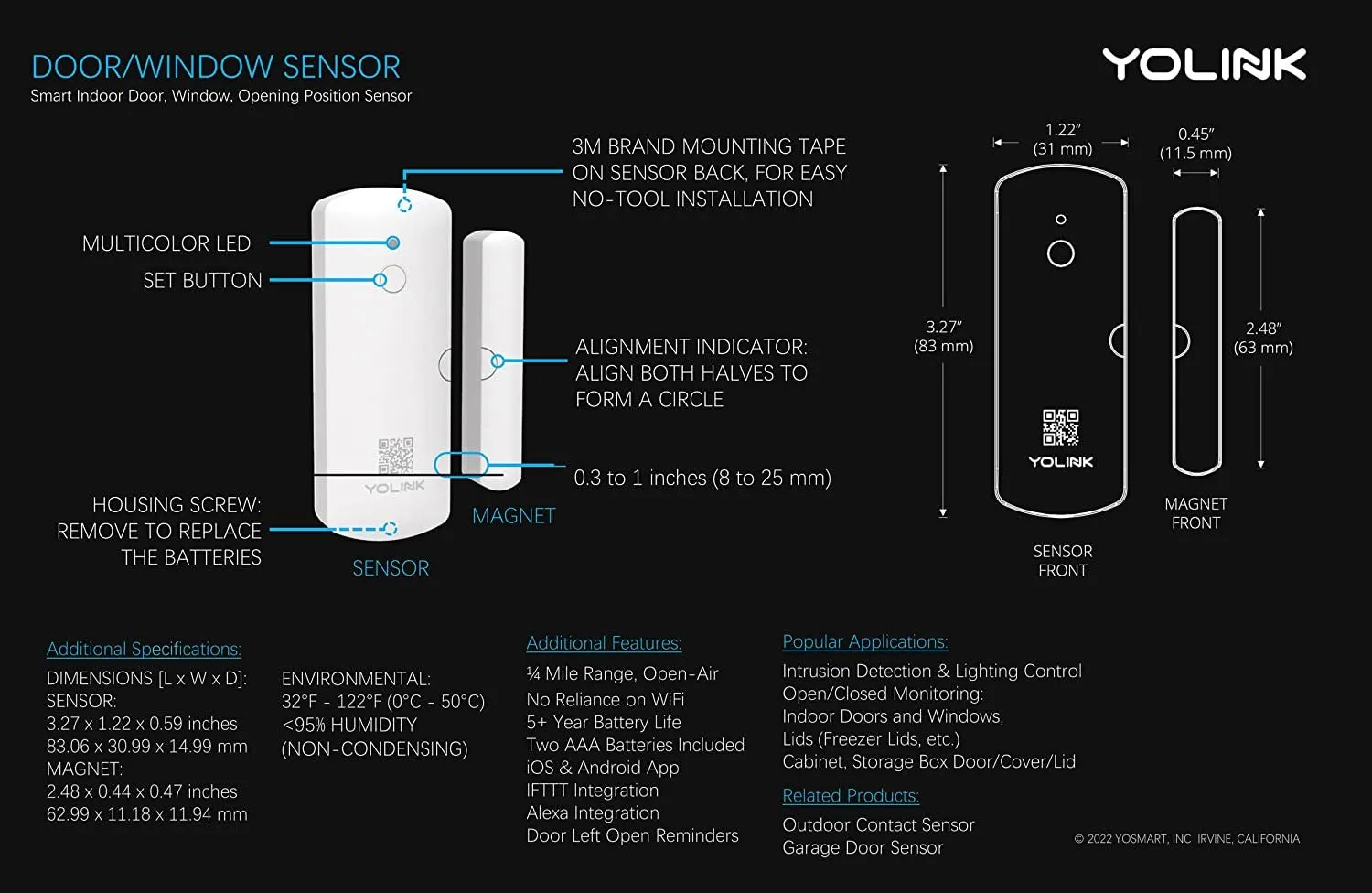 YOLINK Lora Smart Door & Window Sensor 3-Pack: Door Left-Open Reminders, up to 1/4 Mile Open-Air Range, up to 5 Year Battery Life, Alexa, IFTTT, Home Assistant